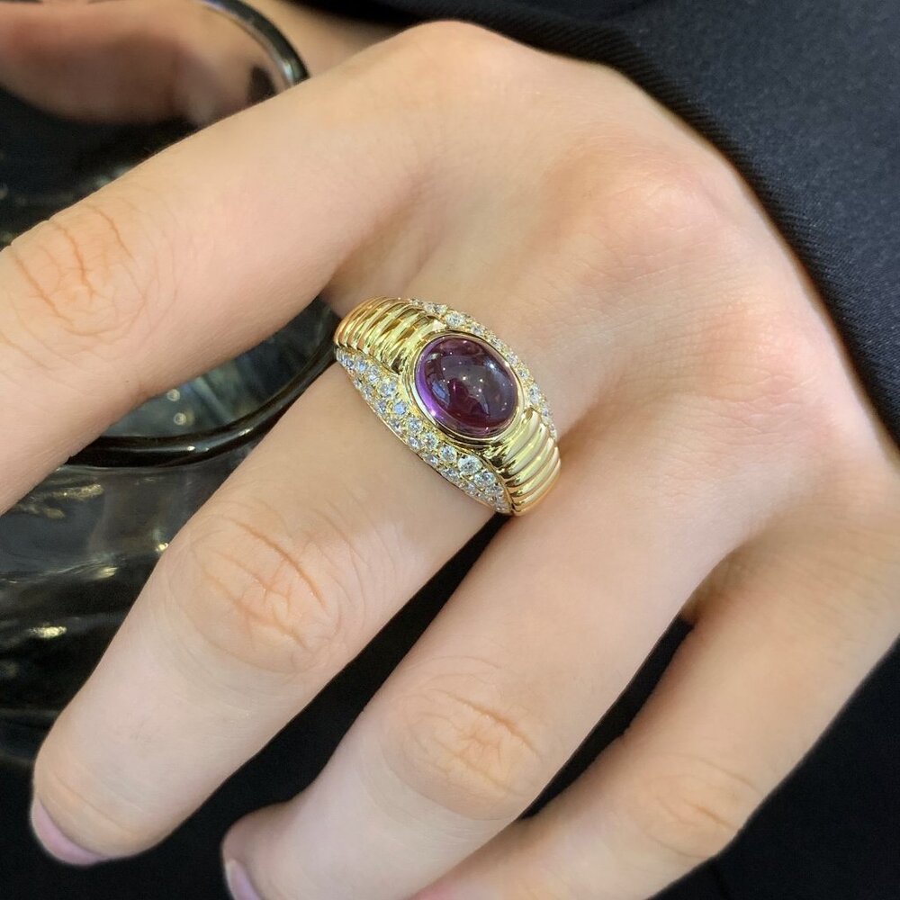 Oval Ruby Cabochon Ring With Diamond Accents, Vin… - image 4